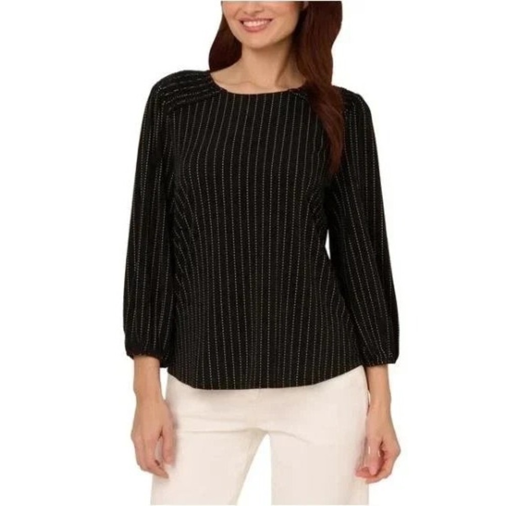 Adrianna Papell Women's 3/4 Sleeve Stretch Smocked Shoulder Blouse Black, Small